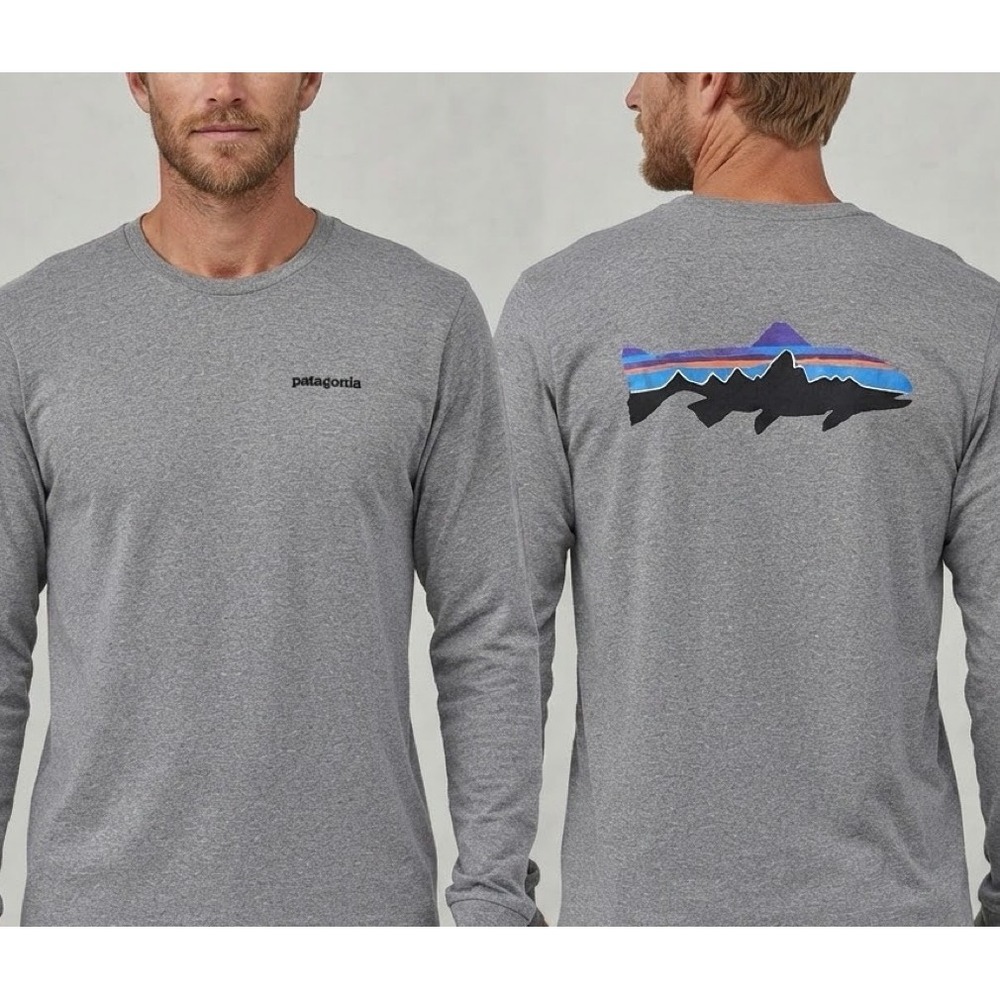 Patagonia Mens Fitz Roy Trout Responsibili-Tee Gray Long Sleeve Shirt Medium